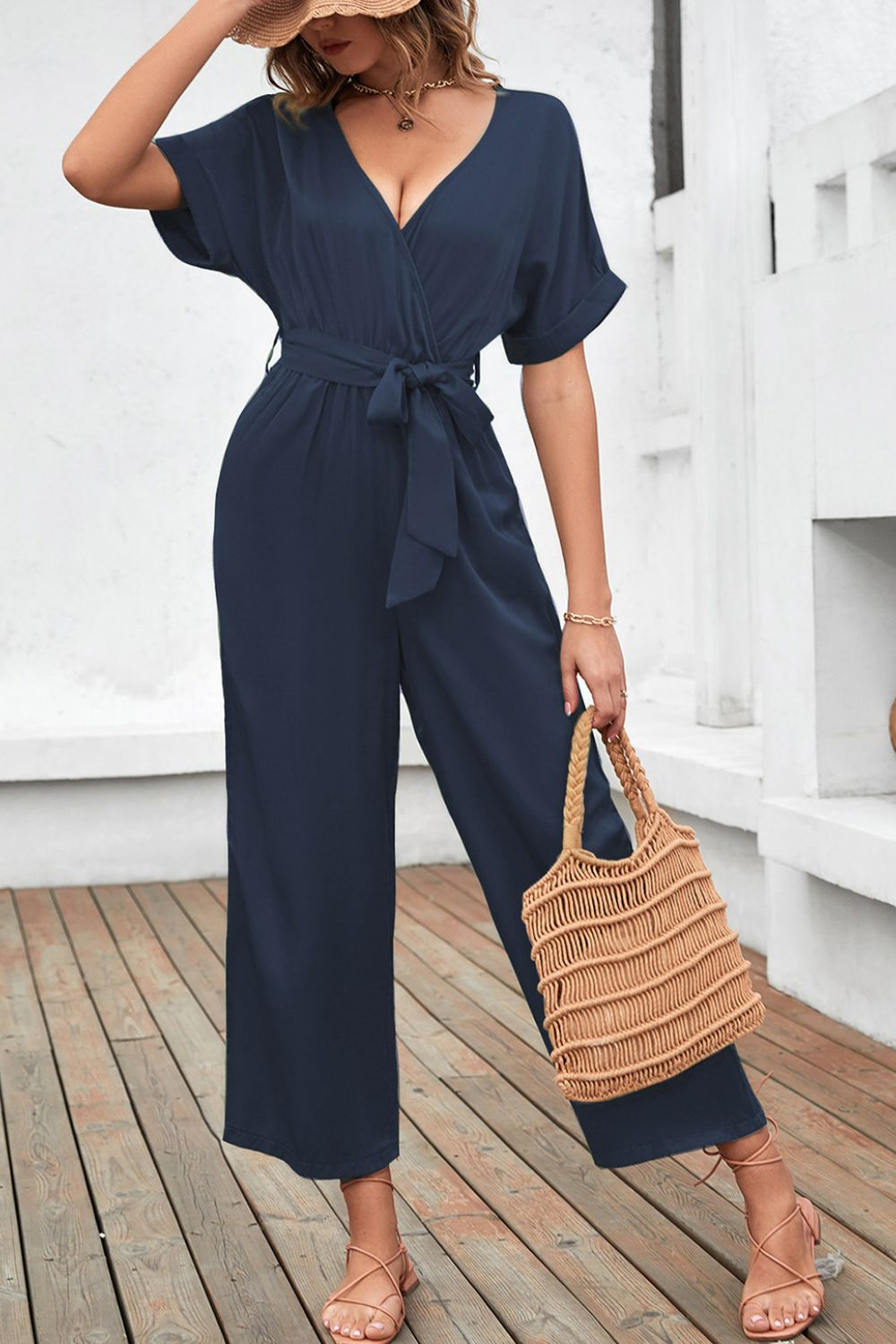 Tie-Waist Surplice Wide Leg Jumpsuit