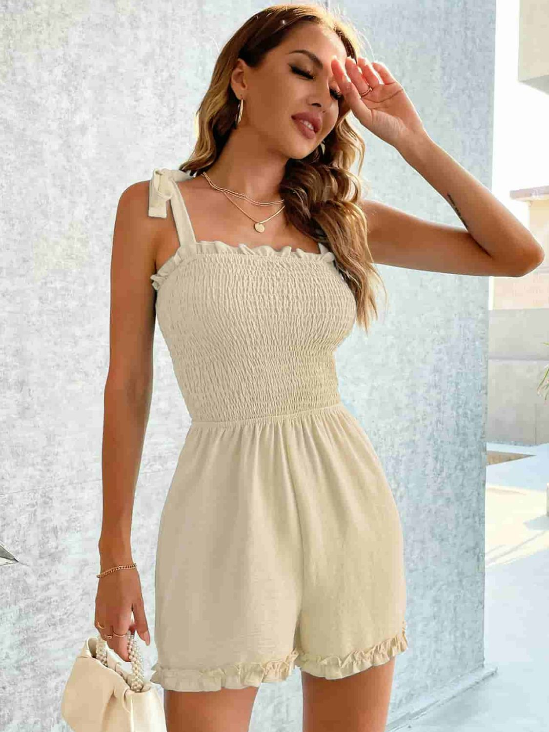 Smocked Frill Trim Tie-Shoulder Romper