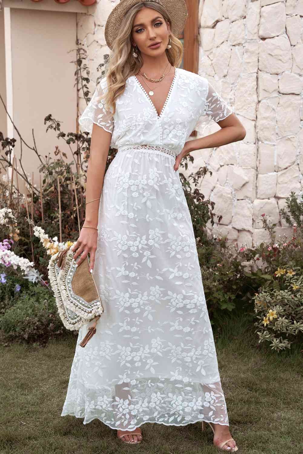 Embroidered Short Sleeve Surplice Neck Maxi Dress – The Gypsy Den