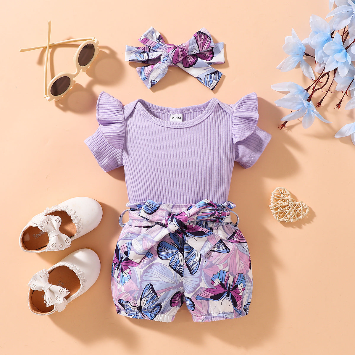 Ribbed Ruffle Shoulder Bodysuit and Butterfly Print Shorts Set – The Gypsy  Den