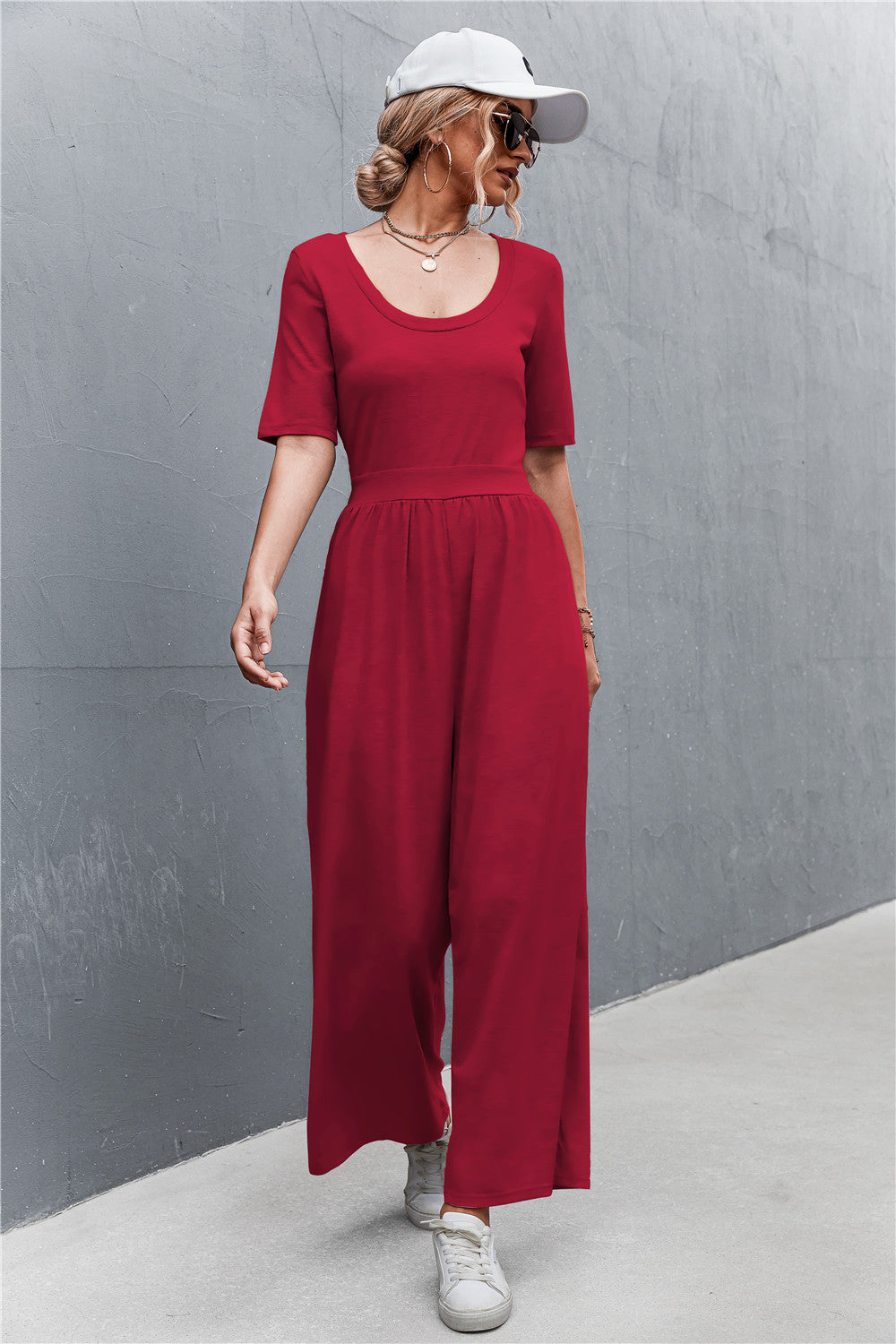 Scoop Neck Half Sleeve Wide Leg Jumpsuit