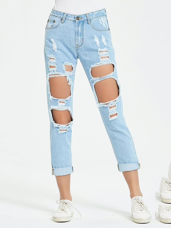 Buttoned Distressed Cropped Jeans