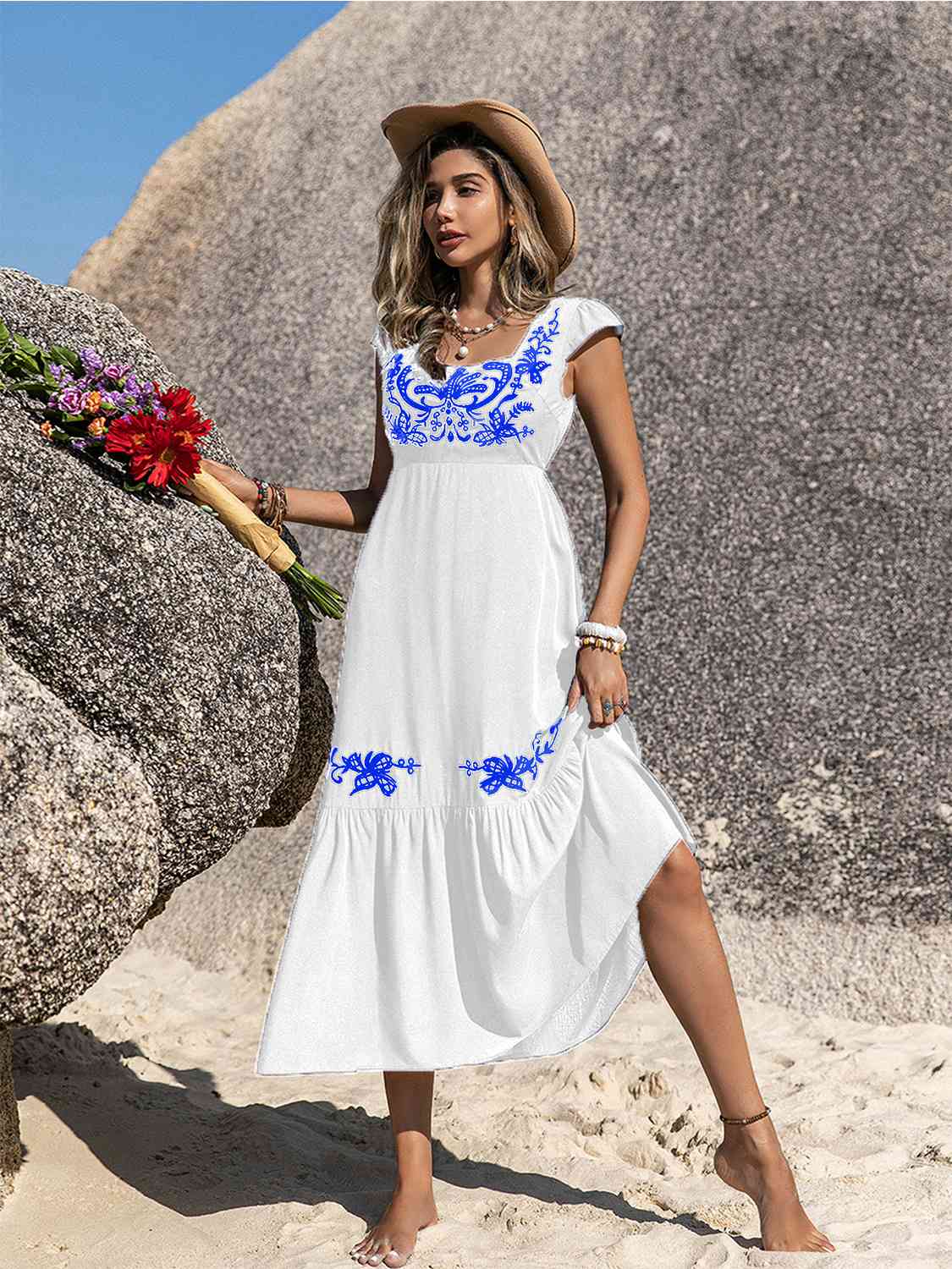 Embroidered Square Neck Ruffle Hem Dress