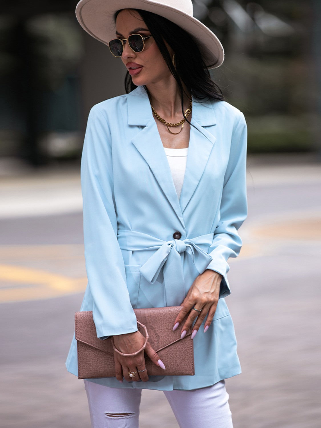 Shiny Tie Waist Long Sleeve Blazer