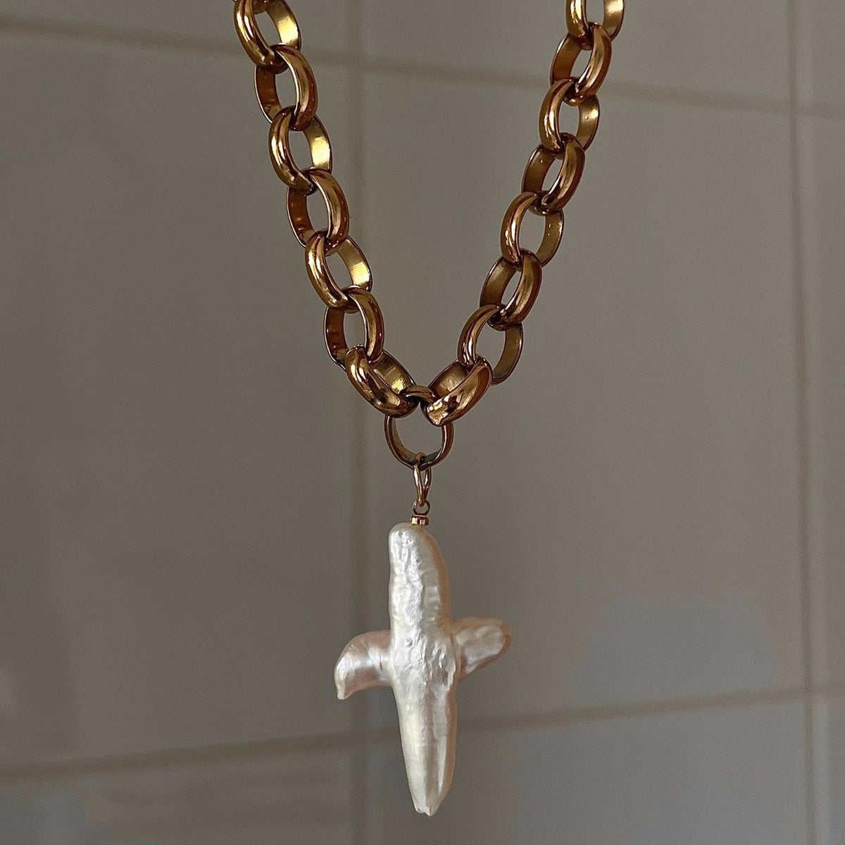 Freshwater Pearl Brass Cross Pendant Necklace