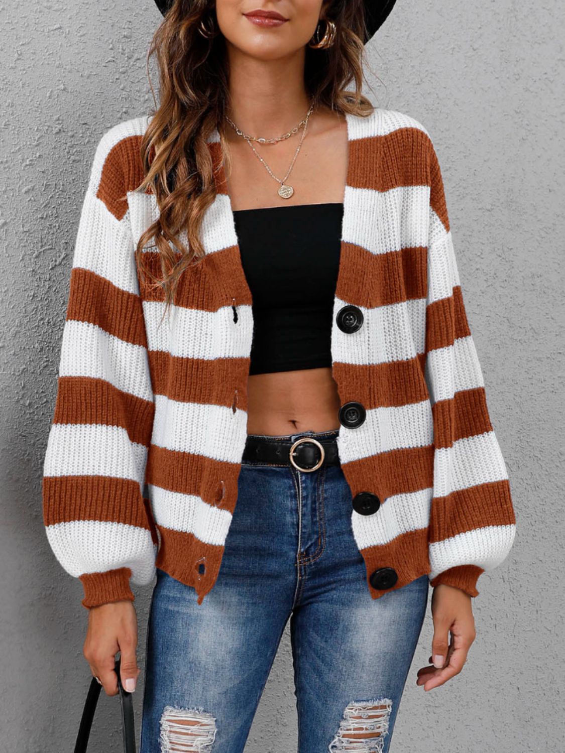 Striped Button Up Long Sleeve Sweater