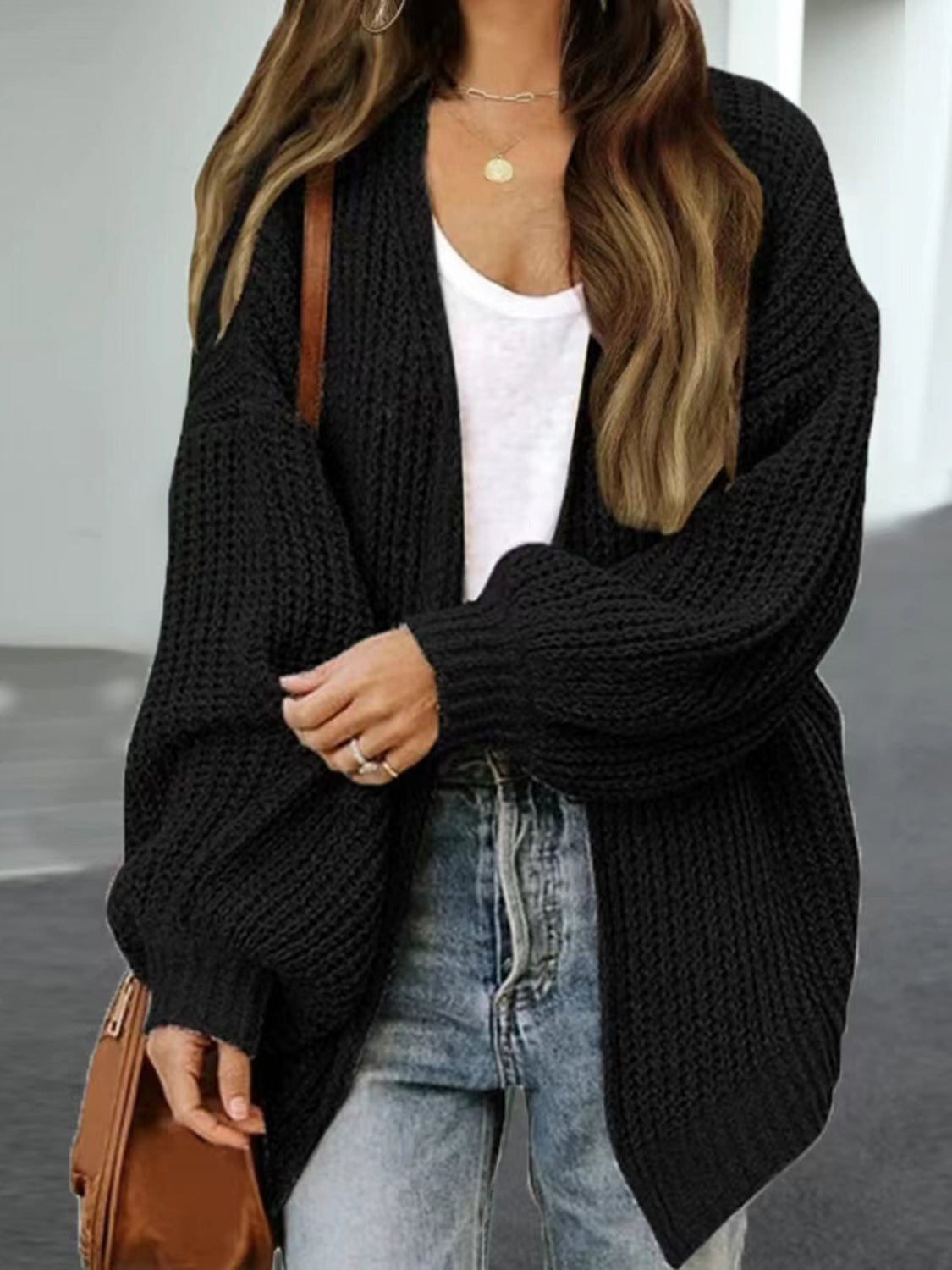 Drop Shoulder Balloon Sleeve Cardigan