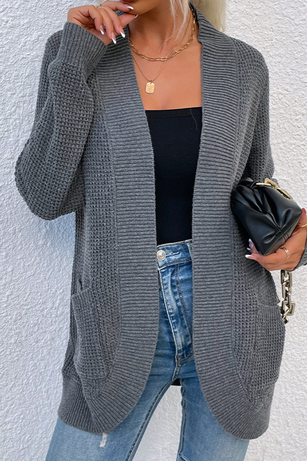 Open Front Rib-Knit Cardigan with Pockets