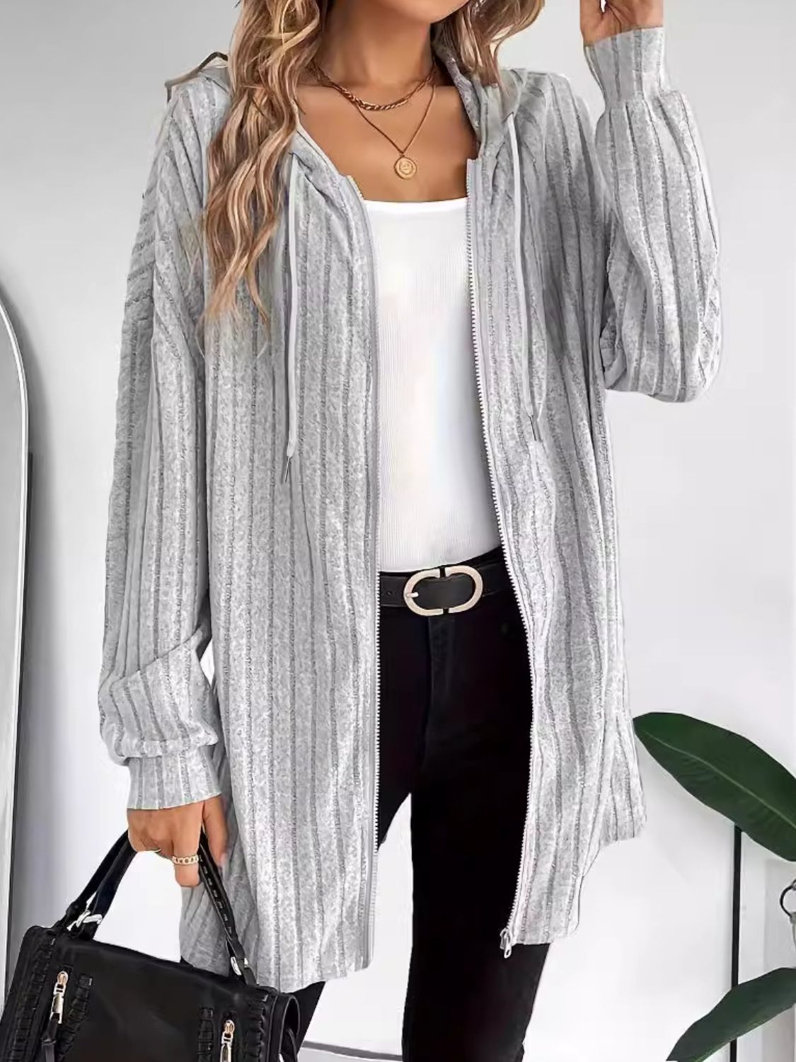 Ribbed Zip Up Dropped Shoulder Jacket