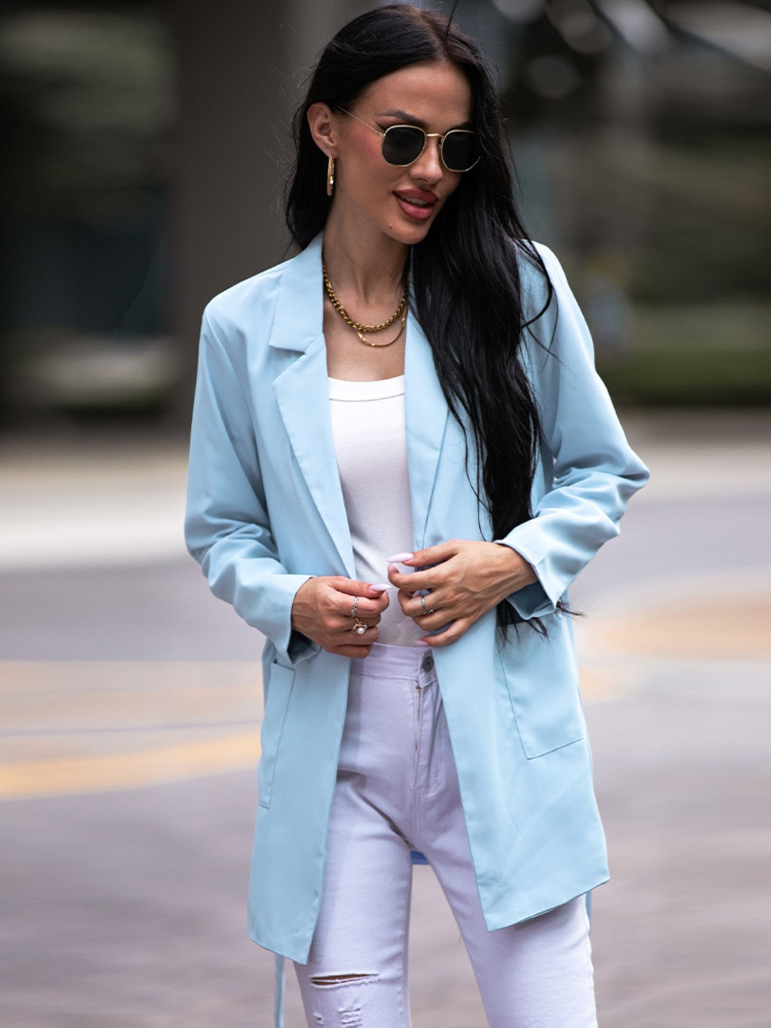 Shiny Tie Waist Long Sleeve Blazer