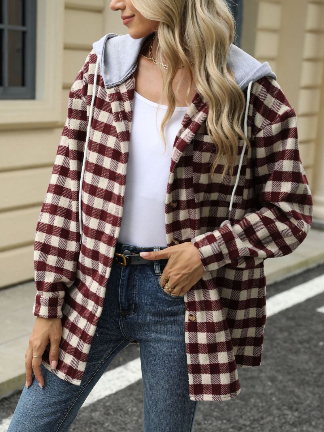 Drawstring Plaid Long Sleeve Hooded Jacket