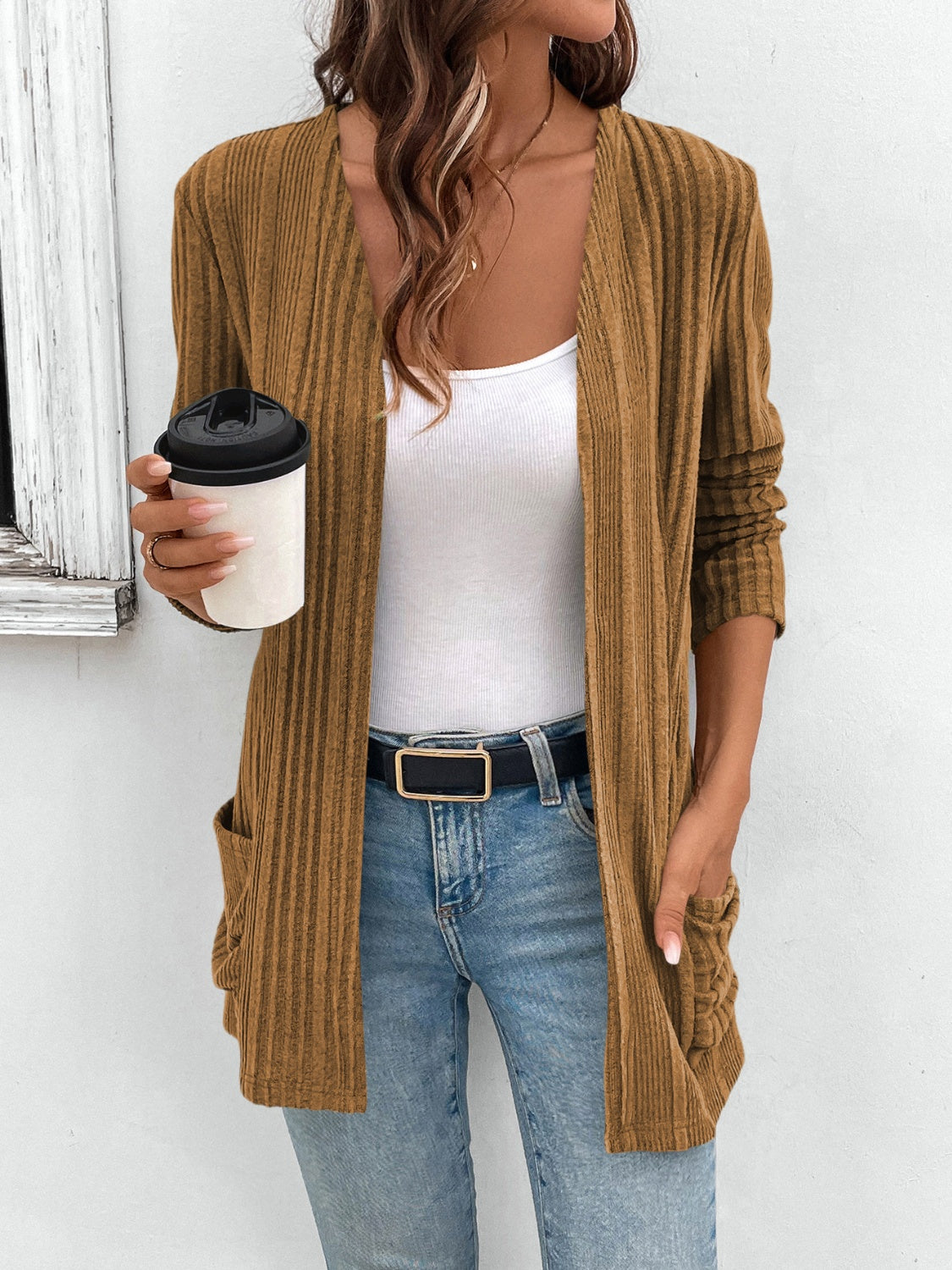 Pocketed Open Front Long Sleeve Cardigan