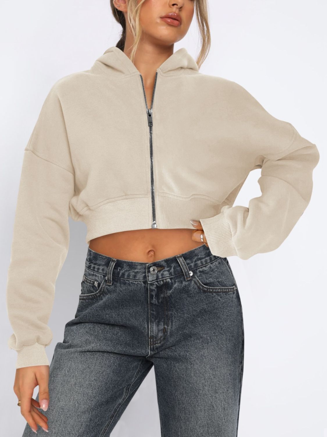 Zip Up Long Sleeve Hooded Cropped Jacket