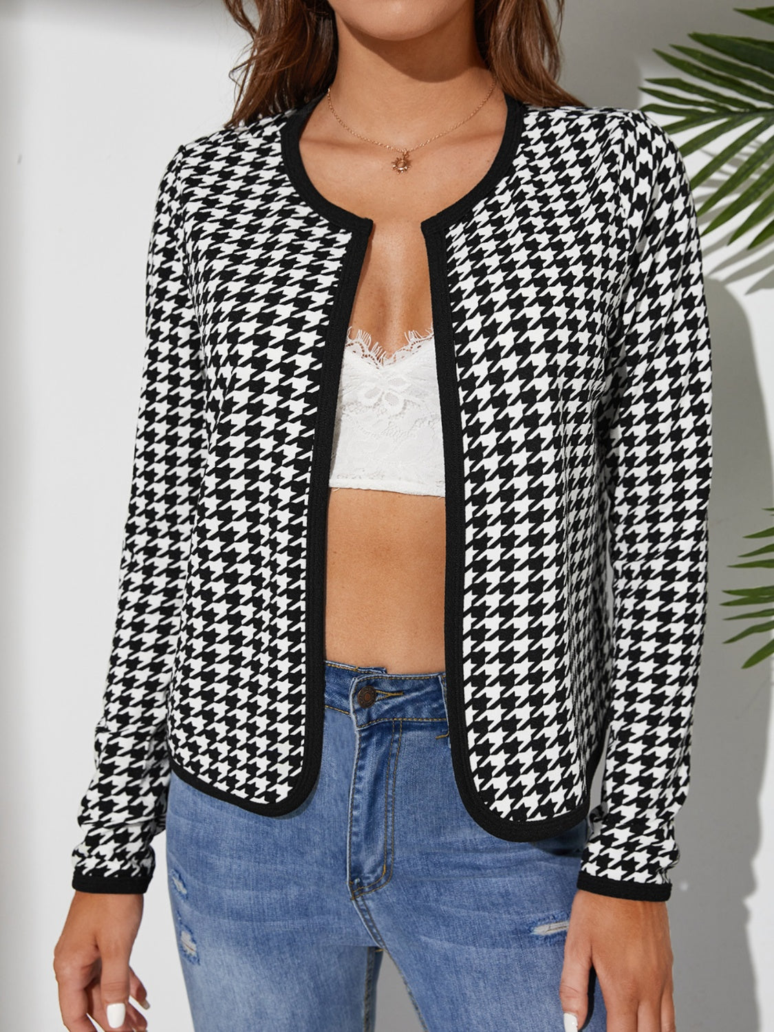 Houndstooth Open Front Long Sleeve Jacket