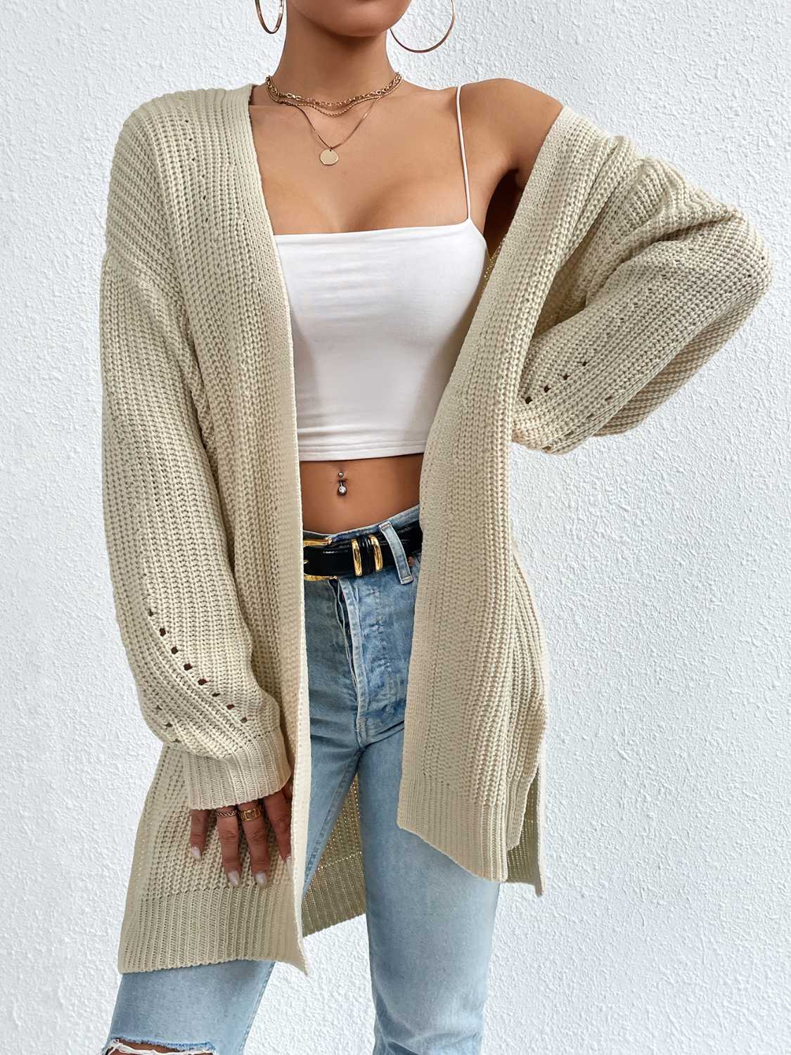 Open Front Dropped Shoulder Slit Cardigan