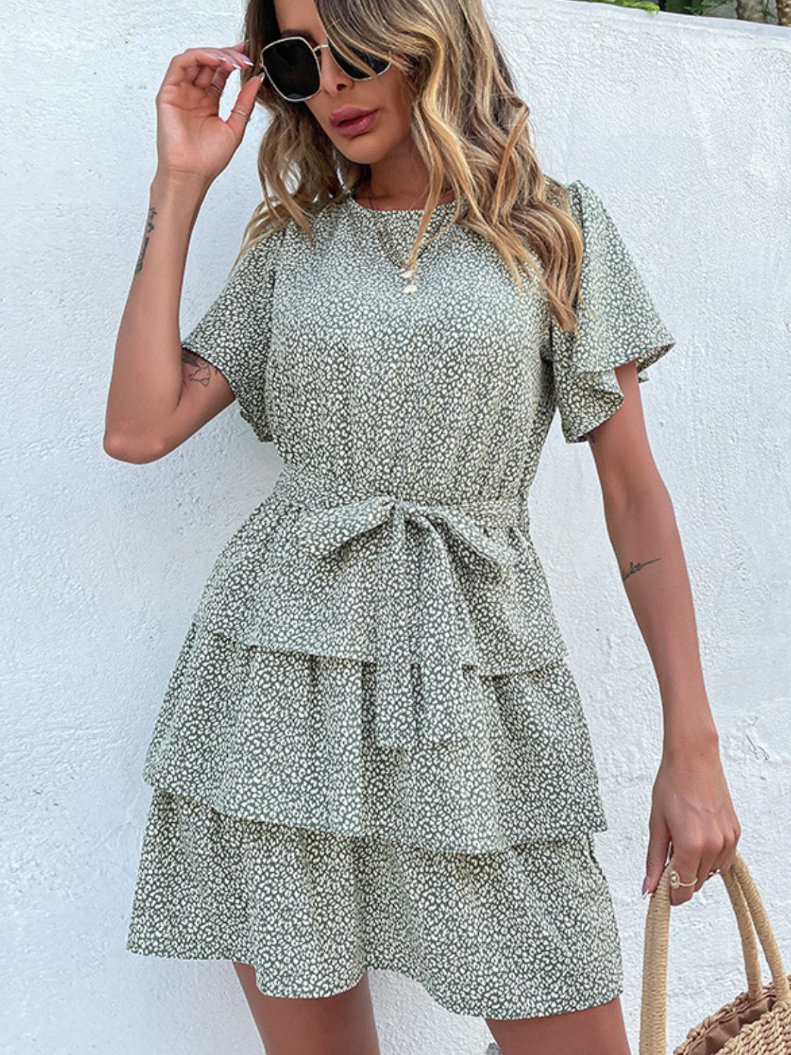 Printed Tie-Front Ruffle Dress