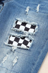 Checkered Patchwork Mid Waist Distressed Jeans