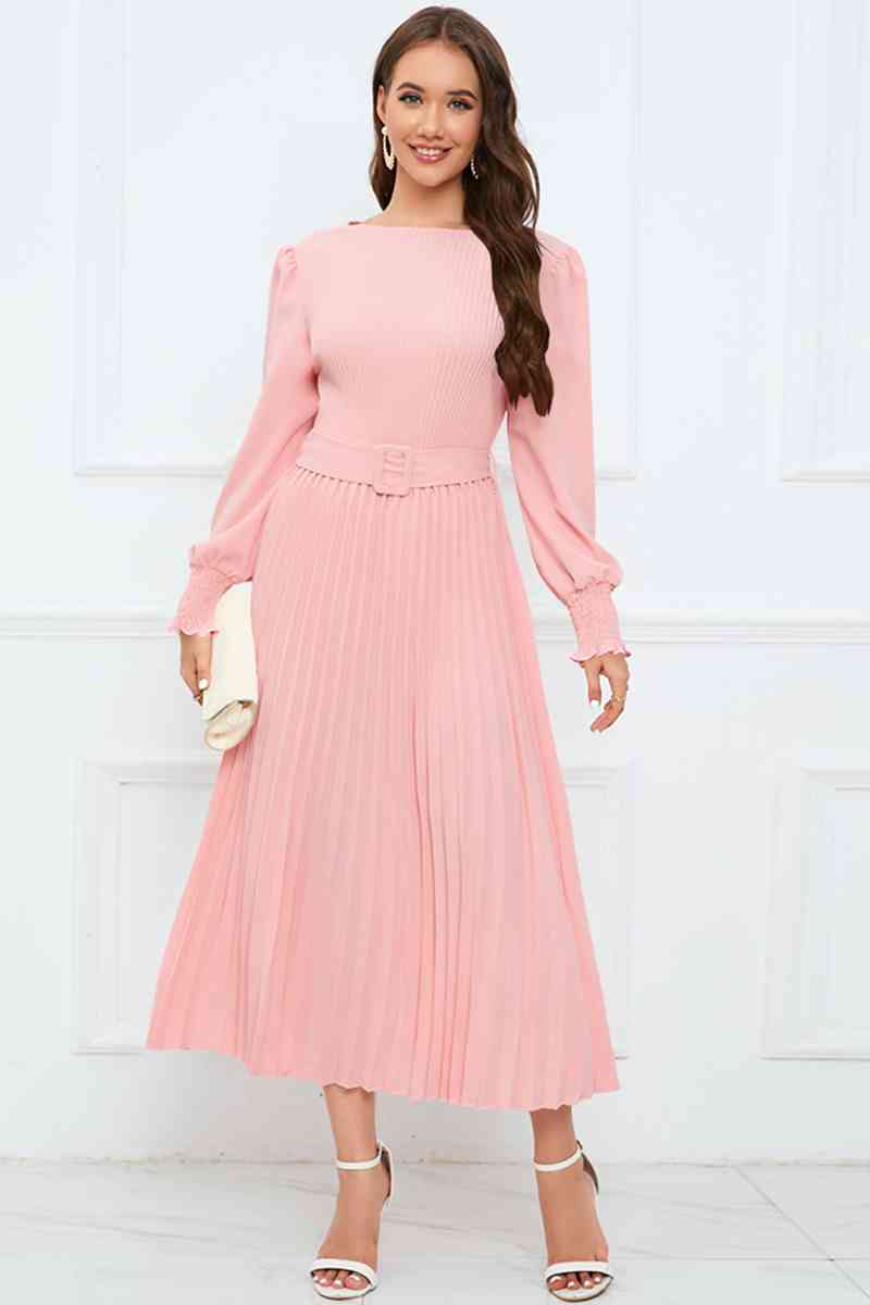 Round Neck Flounce Sleeve Pleated Dress