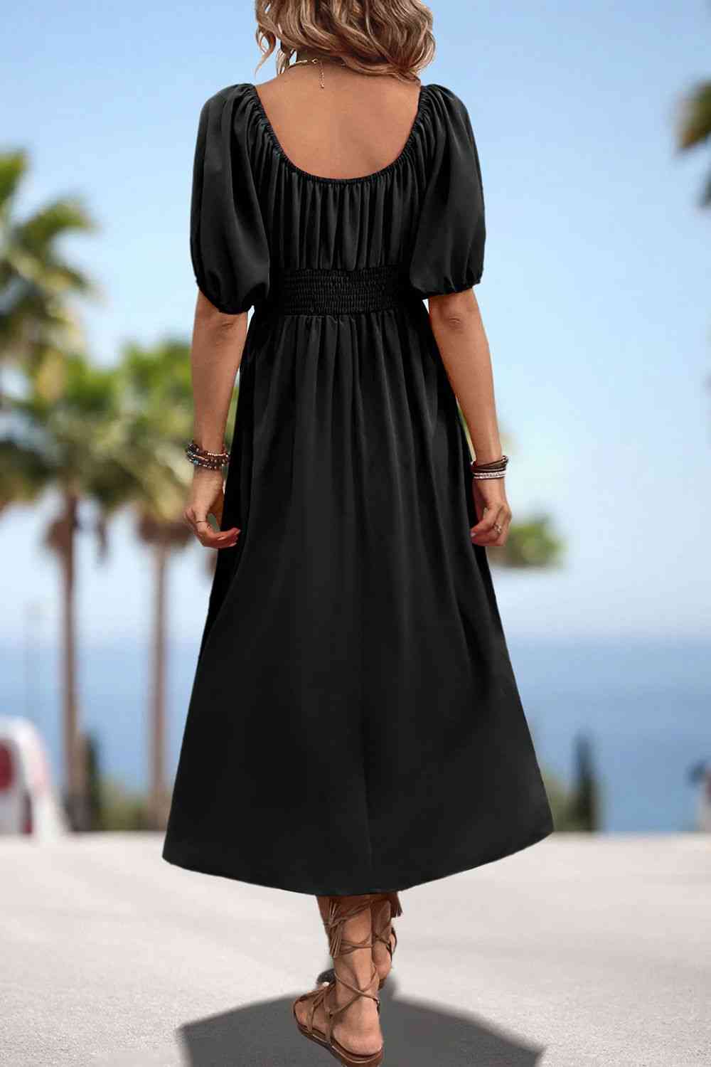 Square Neck Smocked Waist Puff Sleeve Midi Dress