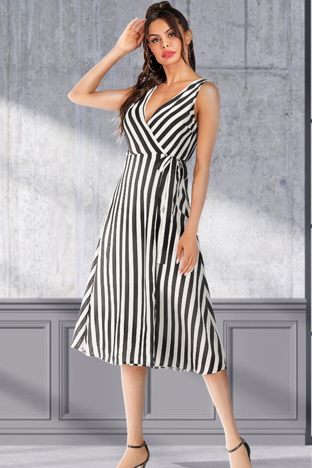 Striped Surplice Tied Sleeveless Dress