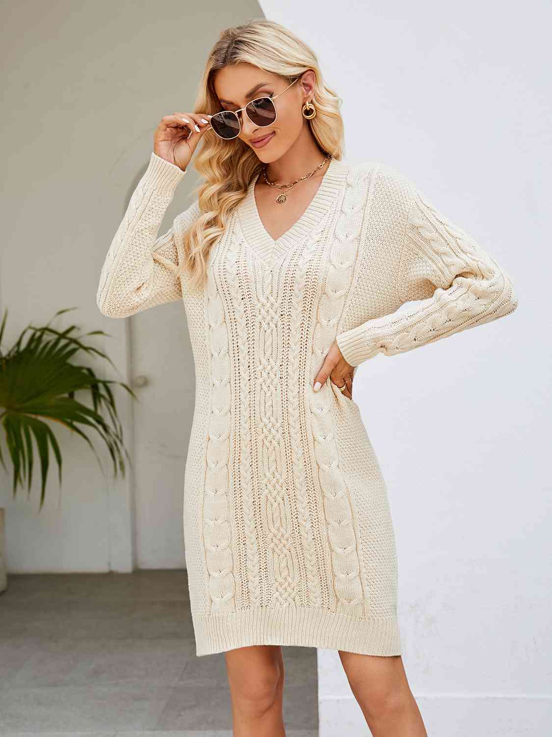 Cable-Knit V-Neck Mini Sweater Dress The Gypsy Den Cable-Knit V-Neck Mini Sweater Dress The Gypsy Den