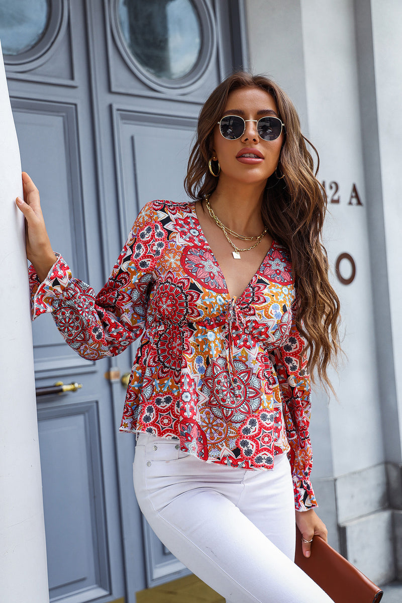 Printed Deep V Flounce Sleeve Blouse – The Gypsy Den