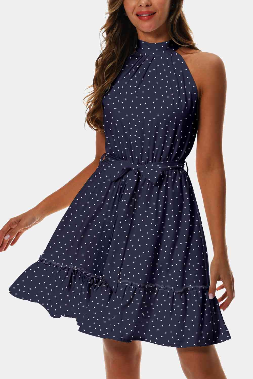 Printed Tie Waist Frill Trim Dress