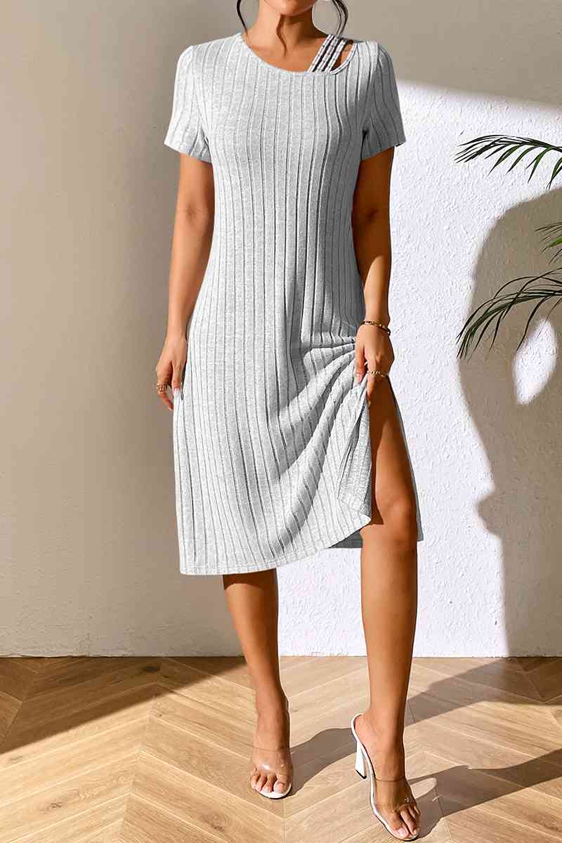 Ribbed Asymmetrical Neck Short Sleeve Dress