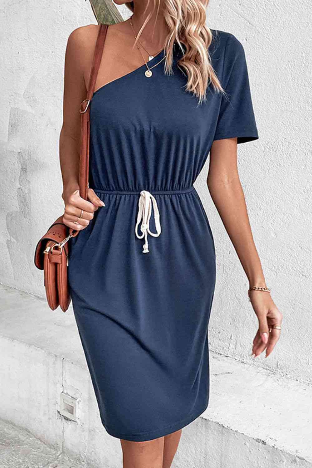 One-Shoulder Short Sleeve Knee-Length Dress