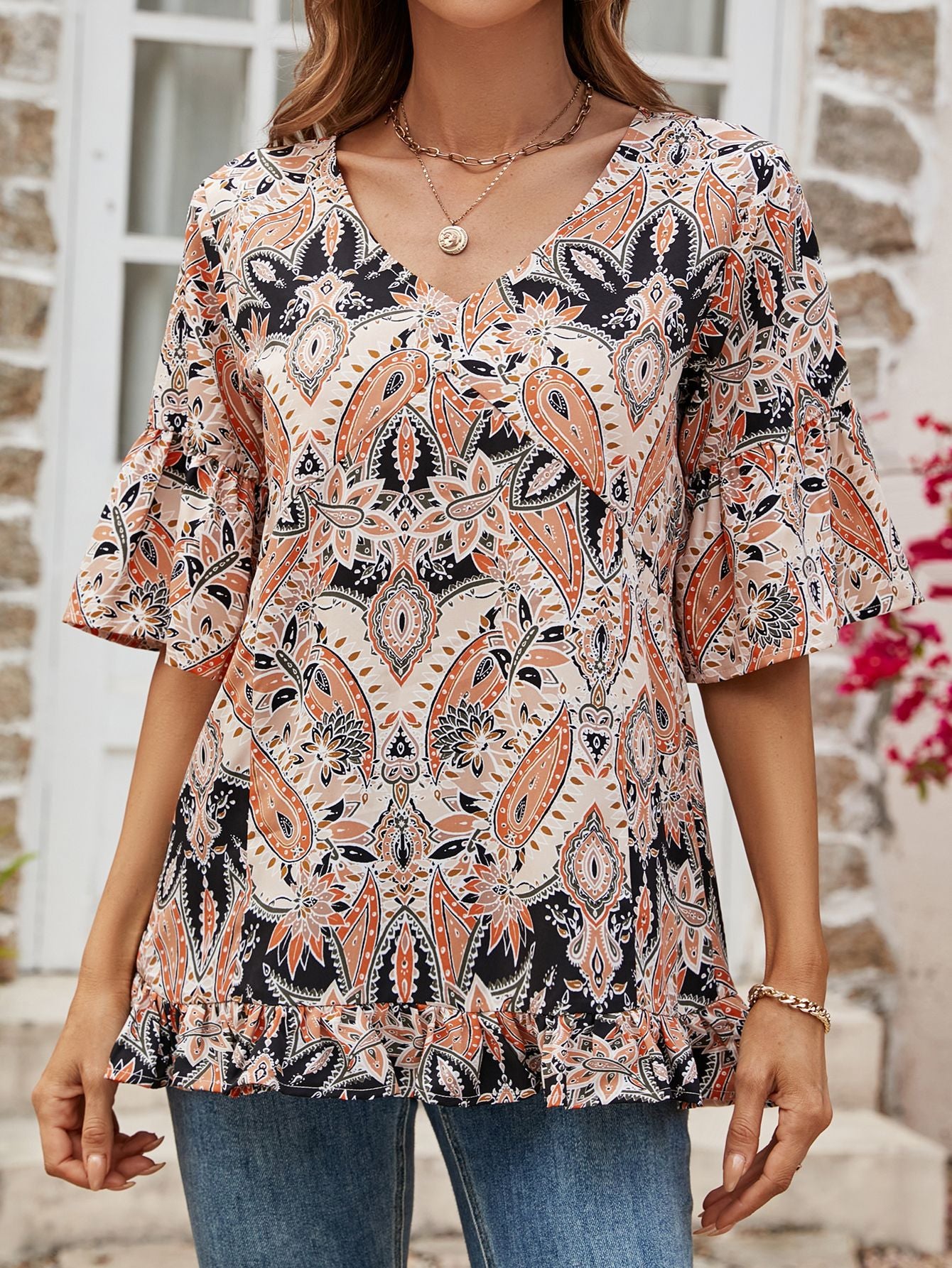 Printed Deep V Flounce Sleeve Blouse – The Gypsy Den