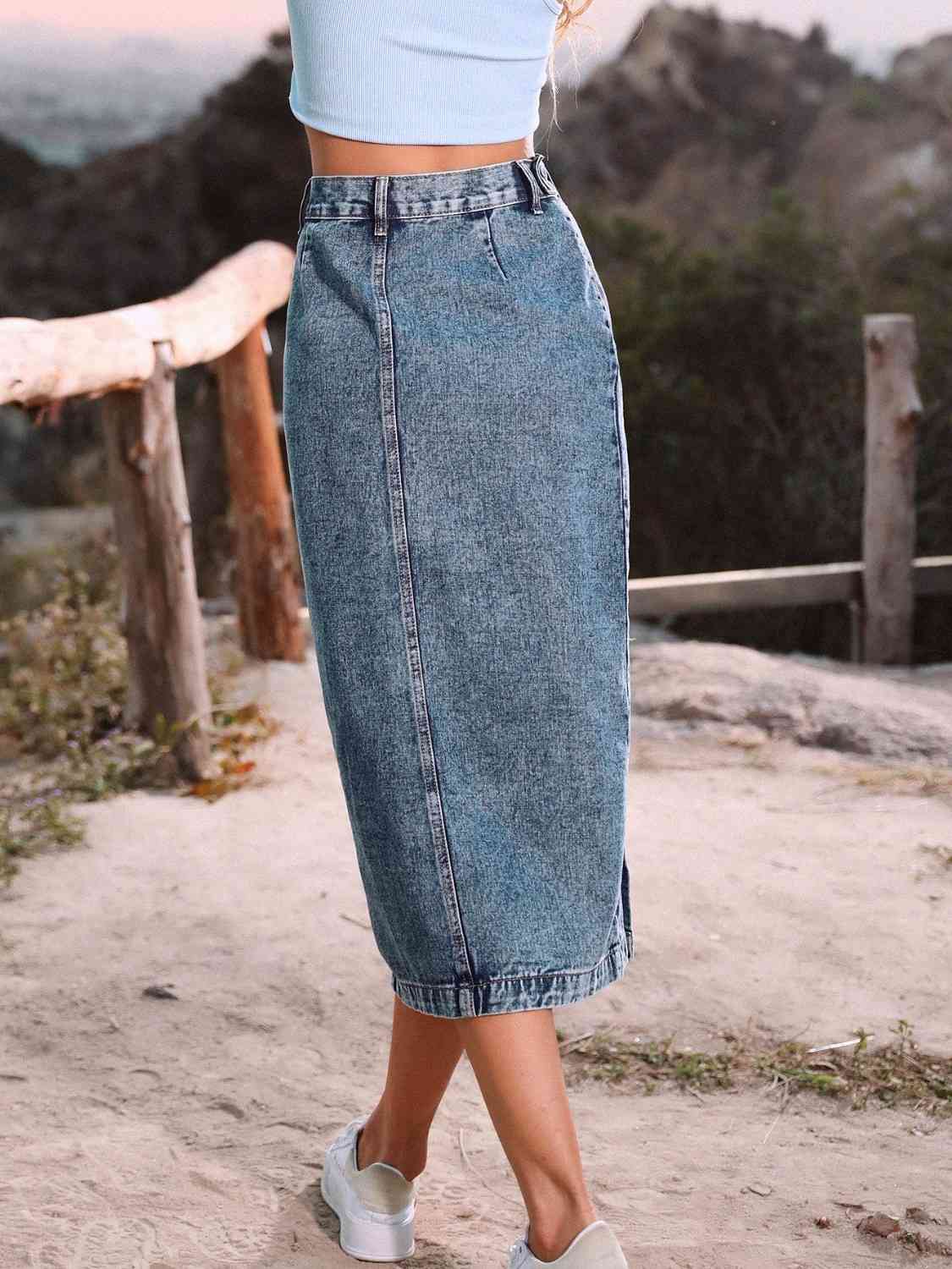 Amazon.com: SweatyRocks Women's Casual High Waist Button Front Denim Skirt  Raw Hem Midi Jean Skirts Blue S : Clothing, Shoes & Jewelry