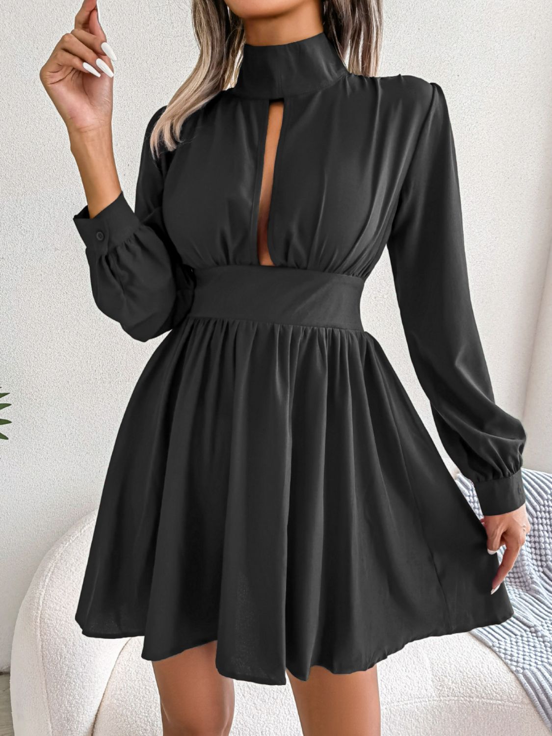 Cutout Turtleneck A-Line Mini Dress The Gypsy Den Cutout Turtleneck A-Line Mini Dress The Gypsy Den