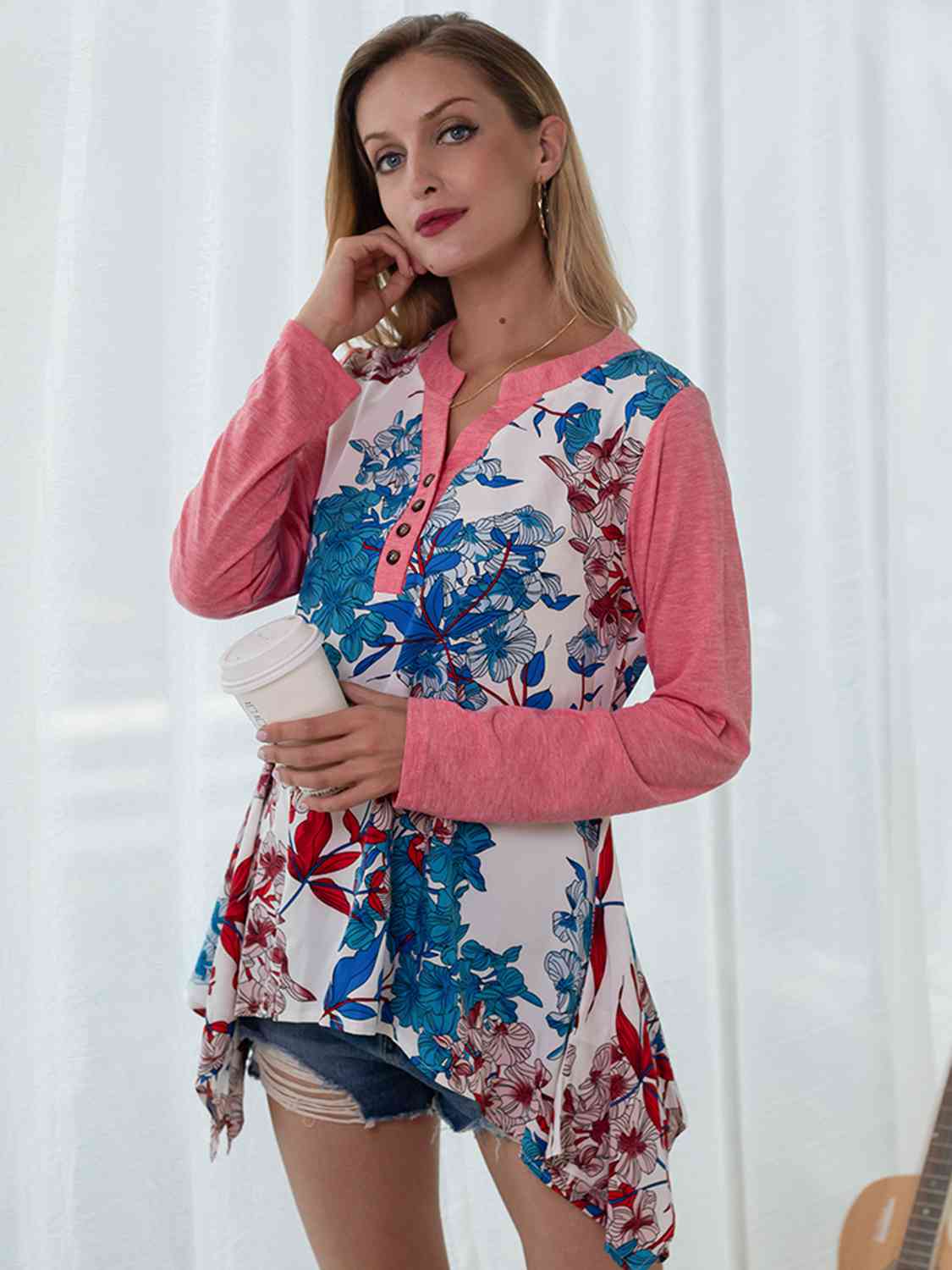 Full Size Floral Buttoned Notched Neck Top