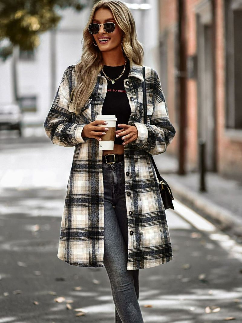 Plaid Dropped Shoulder Hooded Longline Jacket