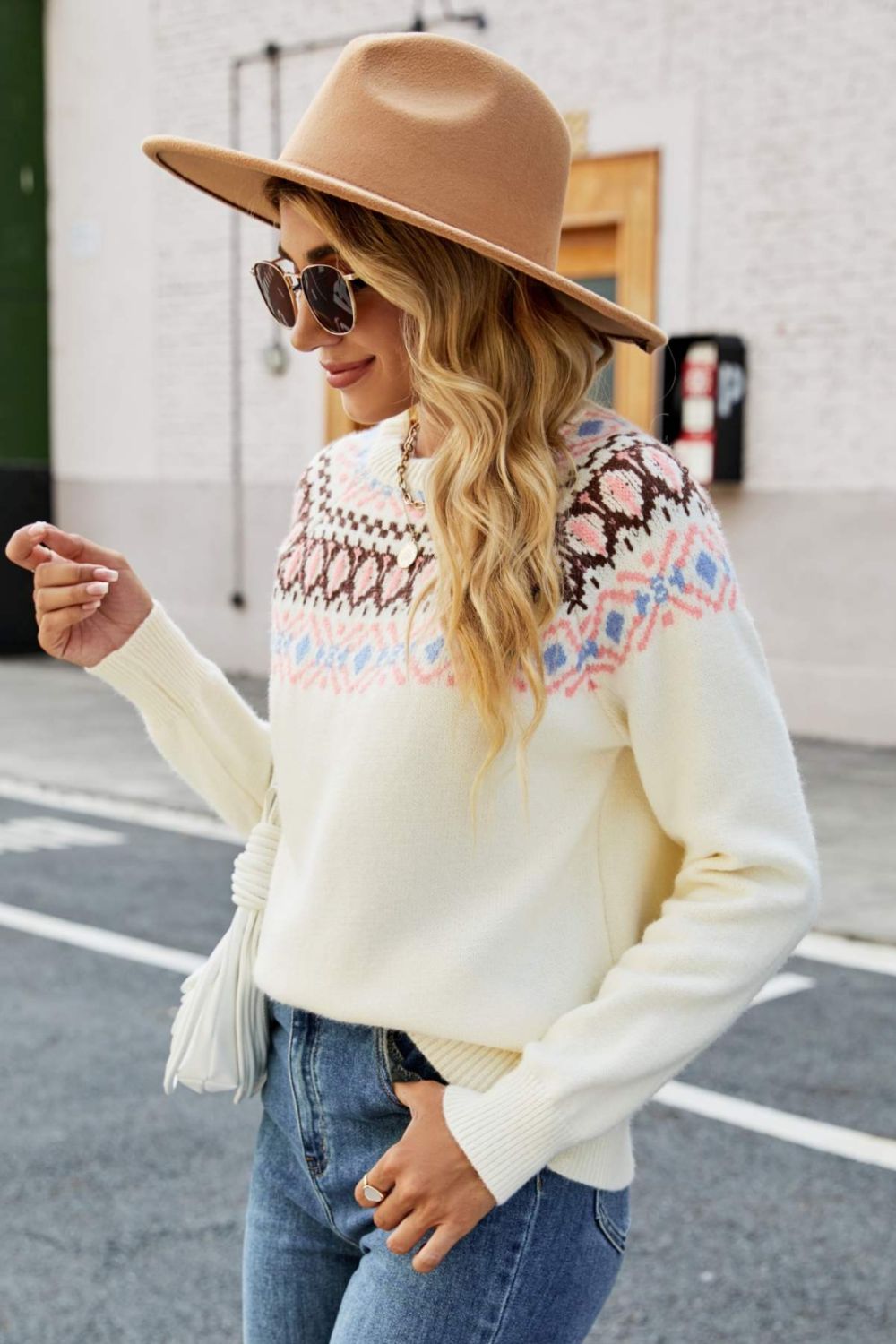 Patterned Raglan Sleeve Round Neck Sweater
