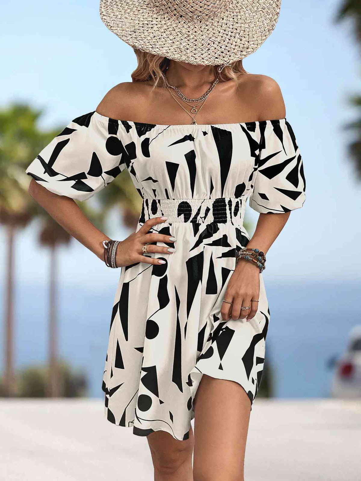 Printed Off-Shoulder Smocked Waist Dress