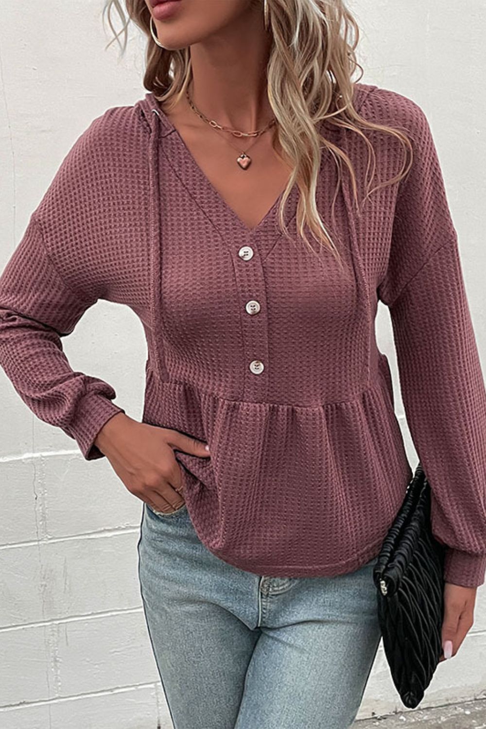 Waffle-Knit Buttoned Drop Shoulder Hoodie