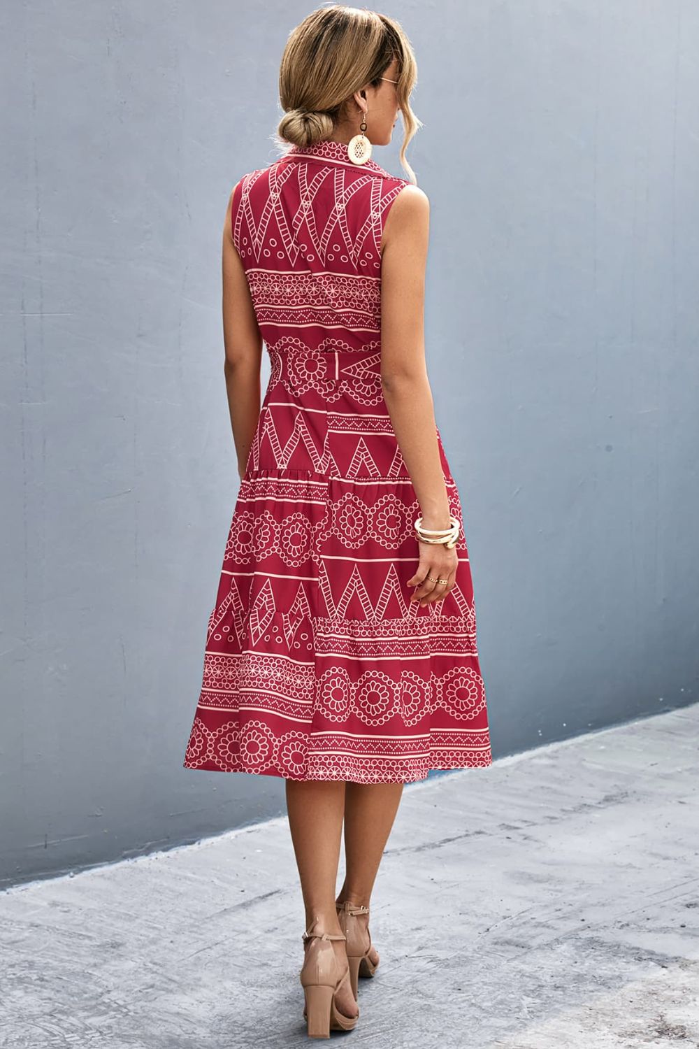 Printed Button Front Tie-Waist Sleeveless Collared Dress