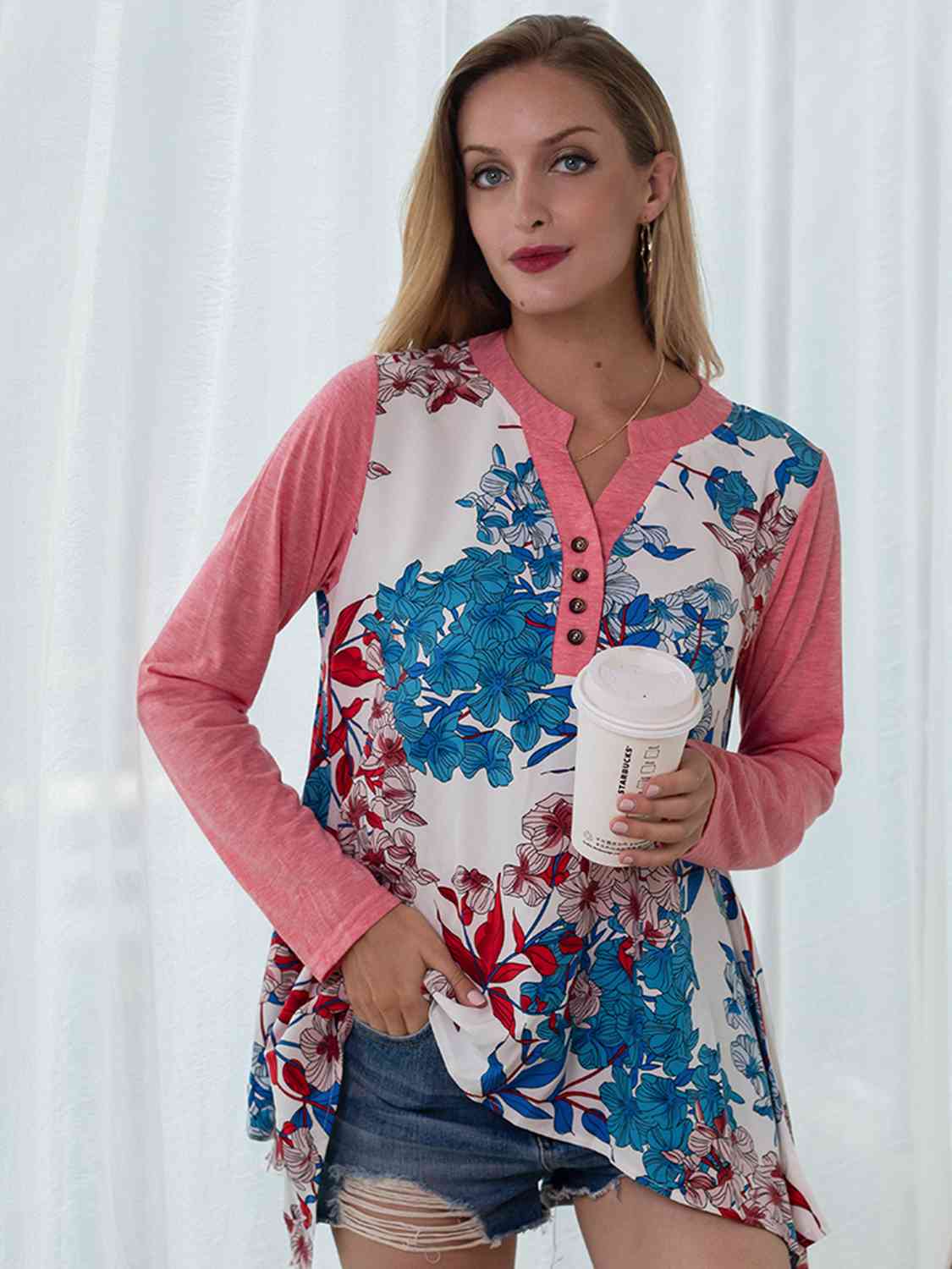 Full Size Floral Buttoned Notched Neck Top