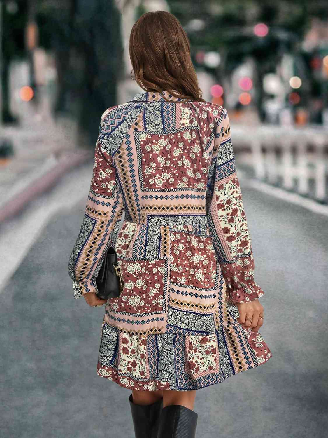 Printed Tie Front Flounce Sleeve Dress