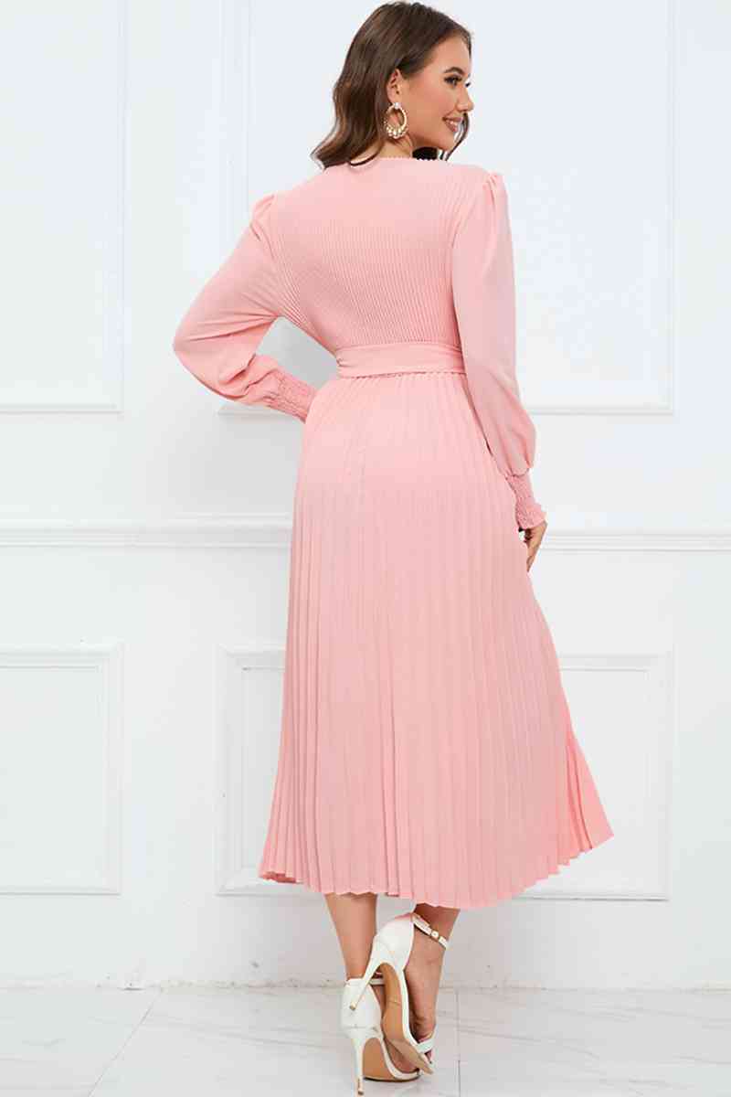 Round Neck Flounce Sleeve Pleated Dress