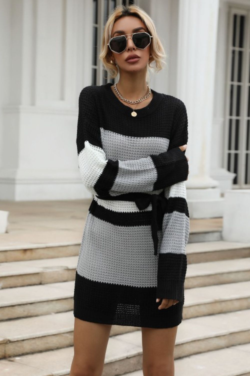 Color Block Belted Round Neck Sweater Dress