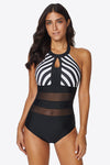 Striped Cutout Spliced Mesh Halter Neck One-Piece Swimsuit
