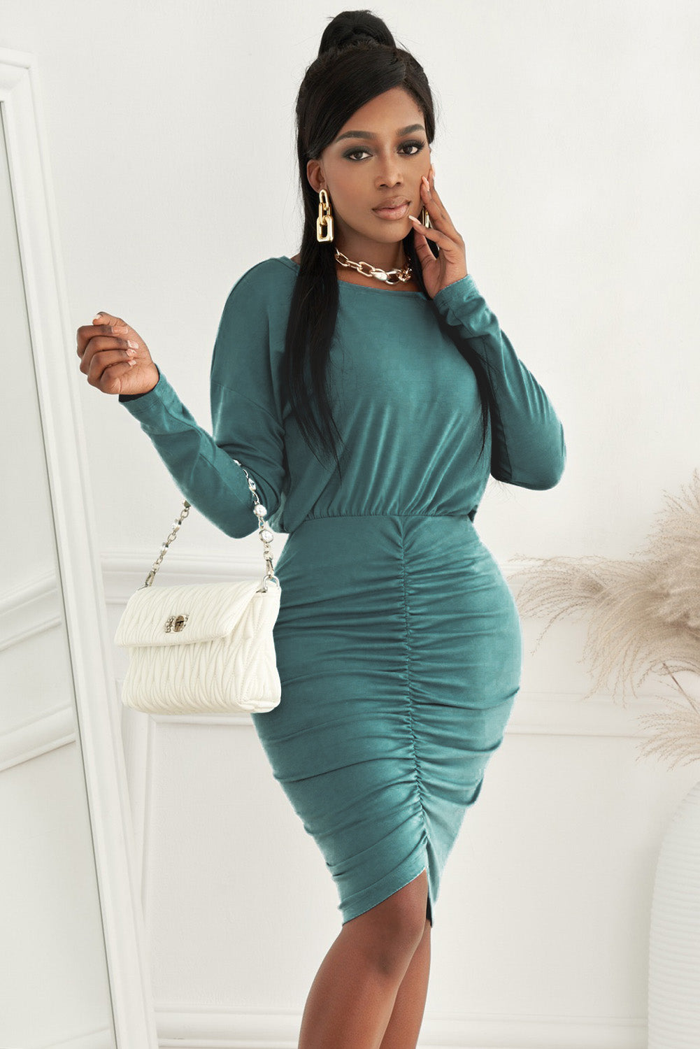 Ruched Boat Neck Long Sleeve Bodycon Dress
