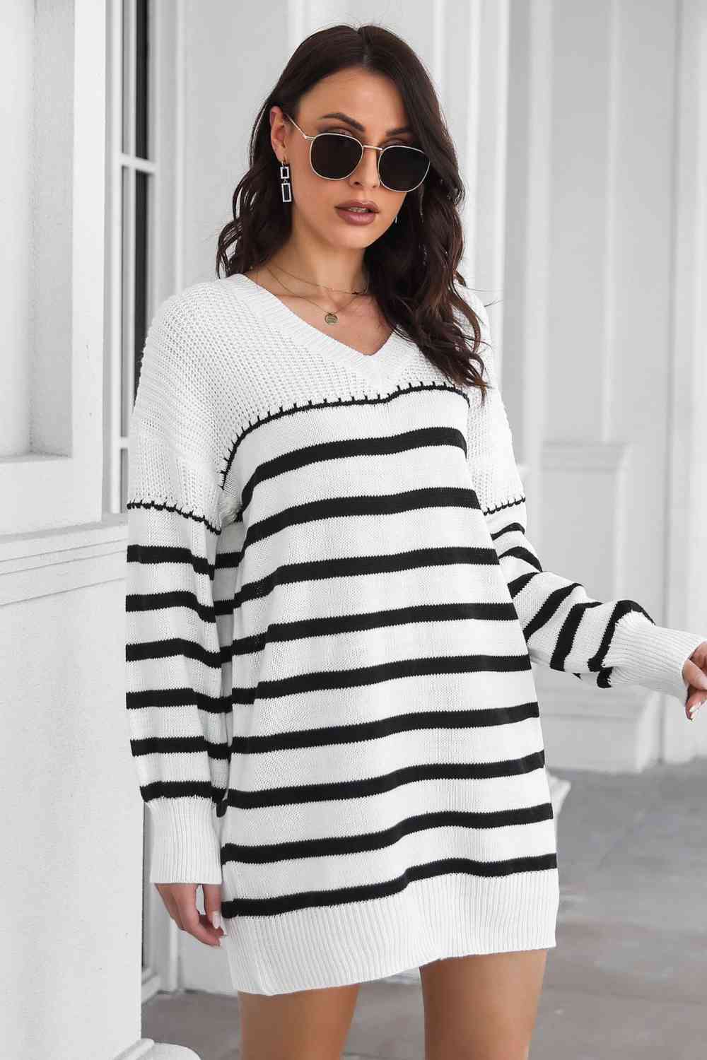 Striped V-Neck Drop Shulder Sweater Dress