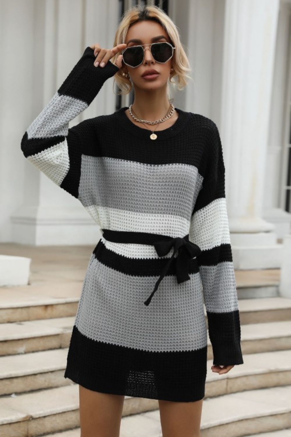 Color Block Belted Round Neck Sweater Dress