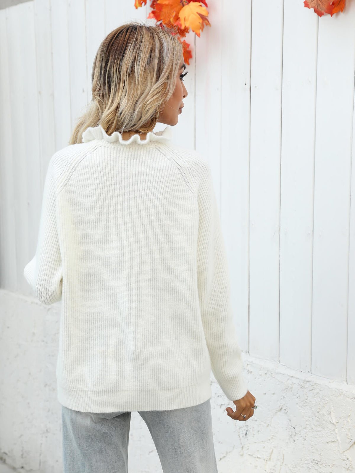 Button Detail Frill Neck Rib-Knit Sweater