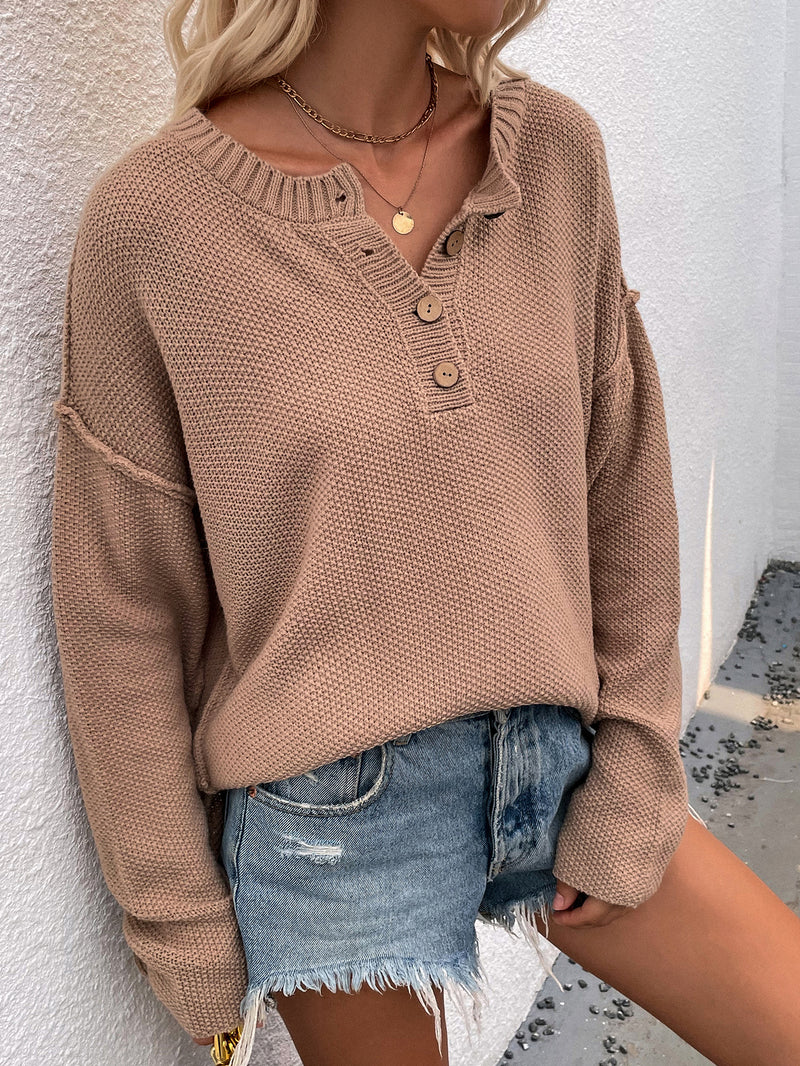 Buttoned Exposed Seam High-Low Sweater