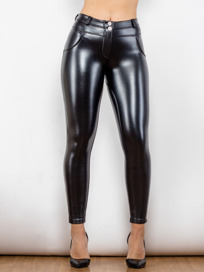 Glossy PU Leather Buttoned Long Pants