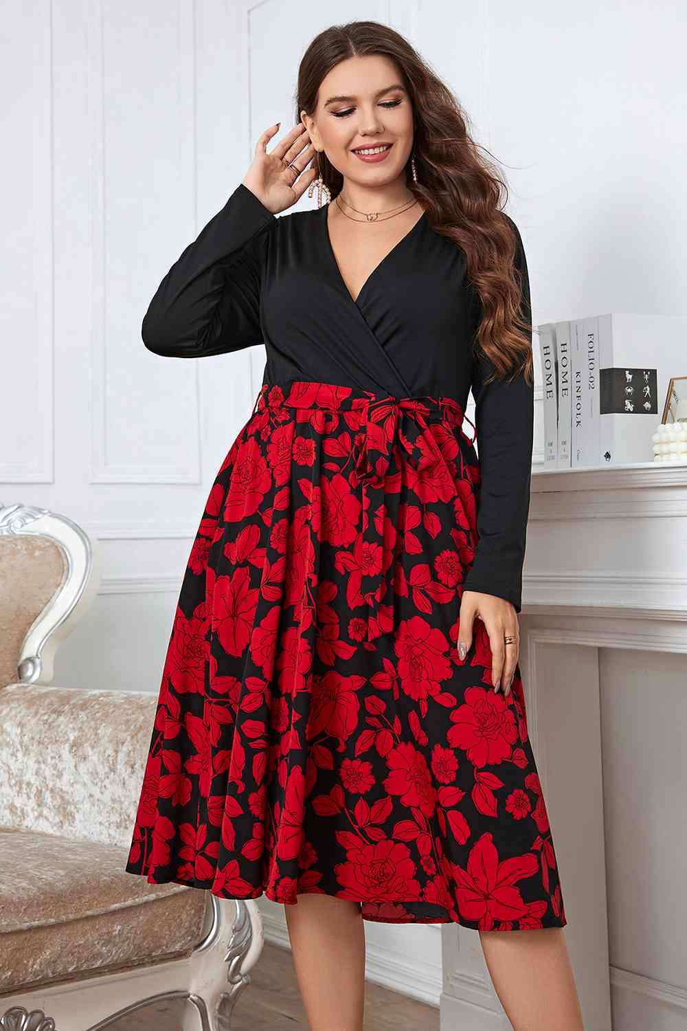 Plus Size Floral Surplice Neck Long Sleeve Dress